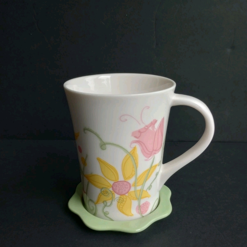 Starbucks Coffee Mug 13 FL Oz Cup Floral Pink & Yellow Flowers 2006 W/Coaster
